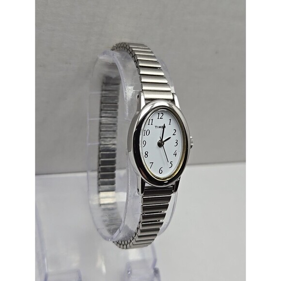 Timex Cavatina Silver Tone Oval Womens Quartz Watch Stretch Band New Battery - Picture 3 of 11